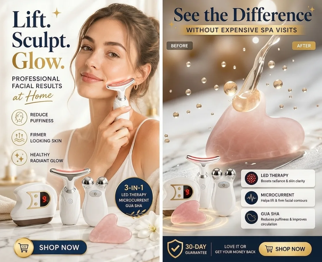 Static ad for a 3-in-1 facial tool kit