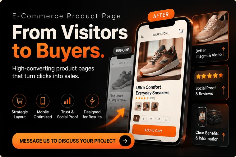 From visitors to buyers: high-converting product pages with strategic layout, mobile optimization, trust and social proof, shown as a before and after product page.